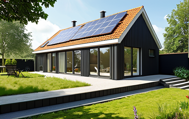 **
> Exterior of a modern Dutch house with solar panels on the roof and a green roof extension. Lush greenery surrounds the house, and the facade is clean and energy-efficient. Warm, inviting light emanates from the windows. Concept of sustainable living in the Netherlands. Sunny day. High-resolution, photorealistic.
>
**