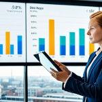 A professional, confident Dutch real estate agent, fully clothed in a modest business suit, standing in a modern, light-filled office. On a large, sleek screen behind them, abstract market data and analytics are displayed. The agent holds a tablet, pointing to a graph, conveying strategic advice and technological insight. The office features contemporary Dutch design elements, large windows overlooking a city skyline. Perfect anatomy, correct proportions, well-formed hands, natural body proportions, natural pose. Professional photography, high quality, sharp focus, realistic. Safe for work, appropriate content, family-friendly.