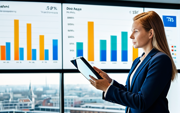 A professional, confident Dutch real estate agent, fully clothed in a modest business suit, standing in a modern, light-filled office. On a large, sleek screen behind them, abstract market data and analytics are displayed. The agent holds a tablet, pointing to a graph, conveying strategic advice and technological insight. The office features contemporary Dutch design elements, large windows overlooking a city skyline. Perfect anatomy, correct proportions, well-formed hands, natural body proportions, natural pose. Professional photography, high quality, sharp focus, realistic. Safe for work, appropriate content, family-friendly.